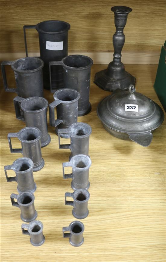A quantity of pewter including two 18th century pieces
